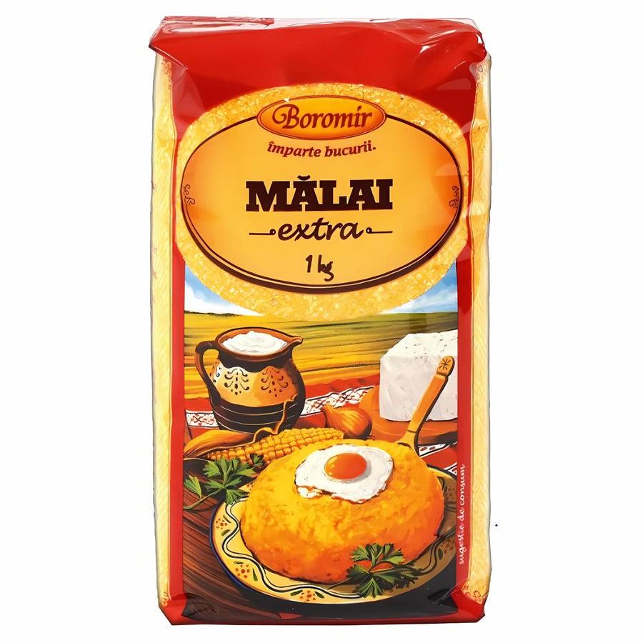 A 1 kg package of Boromir - Malai Extra Corn Flour, with an image of polenta topped with egg, sour cream, and cheese on the front label.