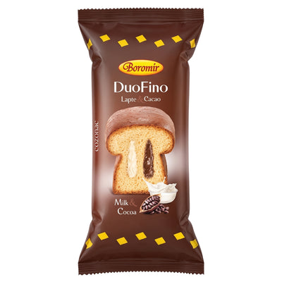 A packaged Boromir - Milk & Cocoa Cozonac - 400g loaf with a cross-section showing white and dark chocolate fillings.