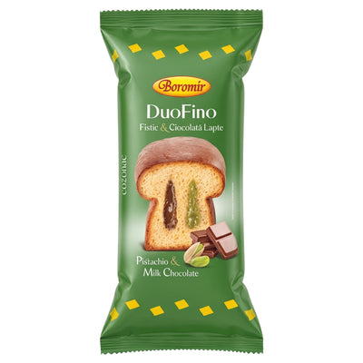 A green package of Boromir - Pistachio & Milk Chocolate Cozonac - 400g, featuring a sliced loaf with swirls of chocolate and pistachio filling, chocolate pieces, and a shelled pistachio.