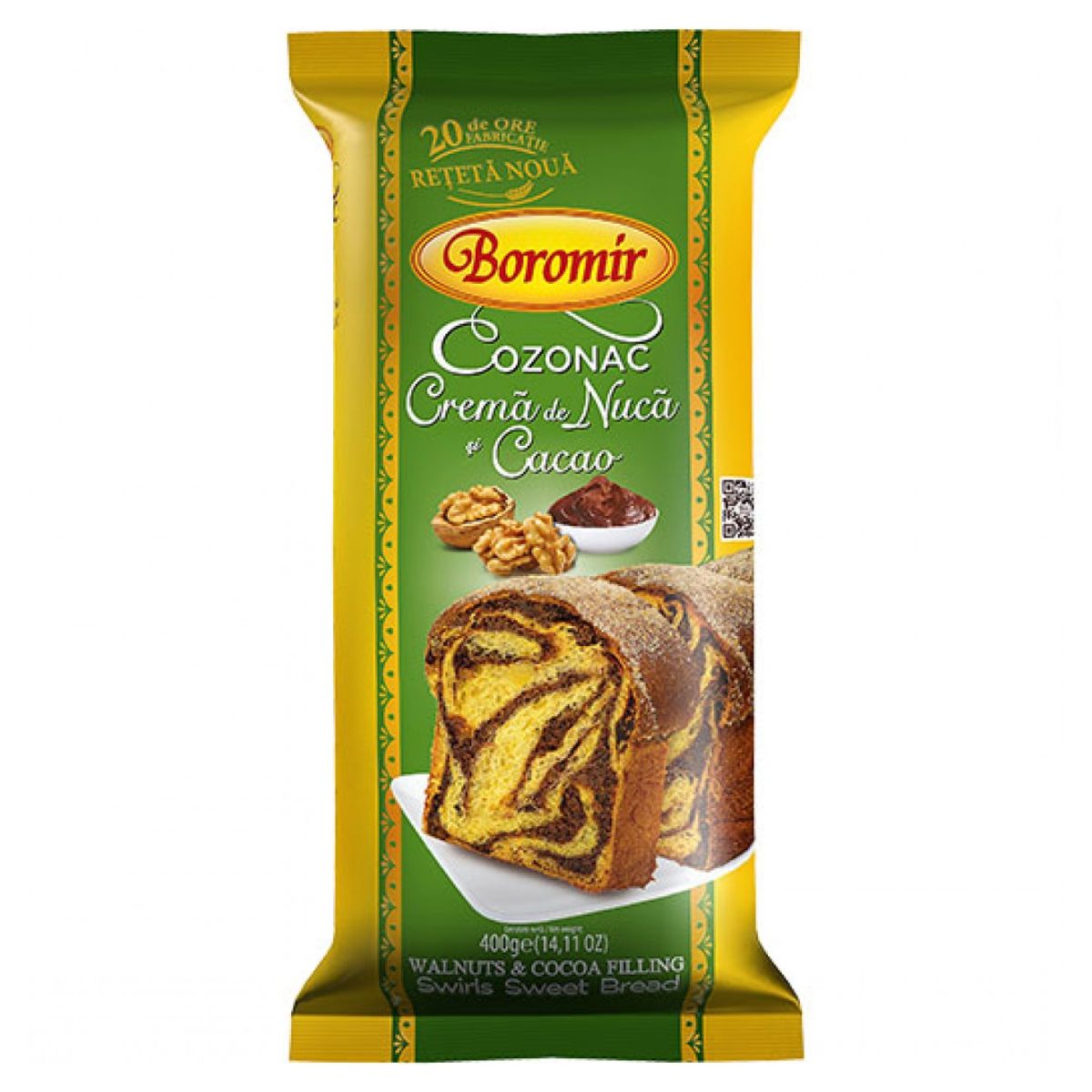 Boromir - Walnut & Cocoa - 450g comes in yellow packaging and features sweet bread swirled with walnut and cocoa cream filling.