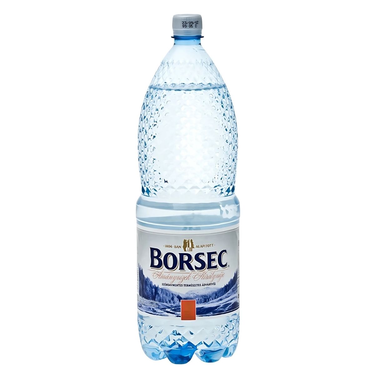 A 2L Borsec Still Mineral Water bottle with a blue cap and mountain landscape design on the label.