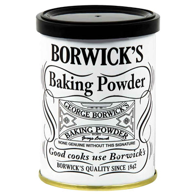 A 100g cylindrical tin of Borwicks Baking Powder features a white label with black text and a decorative design, emphasizing this classic ingredient's quality since 1842.