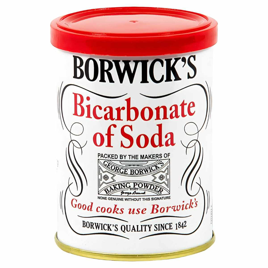 A white and red tin labeled "Borwicks - Bicarbonate Soda - 100g" promotes the Borwicks brand, highlighting its versatile use in baking and as a natural cleaning agent since 1842.