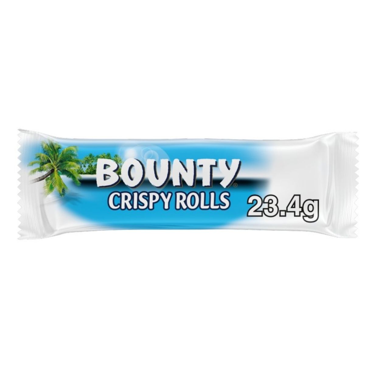 The Bounty Coconut Wafer Rolls, 23.4g, feature a wrapper with palm trees that suggests tropical goodness and promise an enticing coconut taste in every bite.