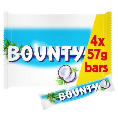 Bounty - Coconut & Milk Chocolate Duo Bars Multipack packaging with a tropical design, featuring four 57g bars.