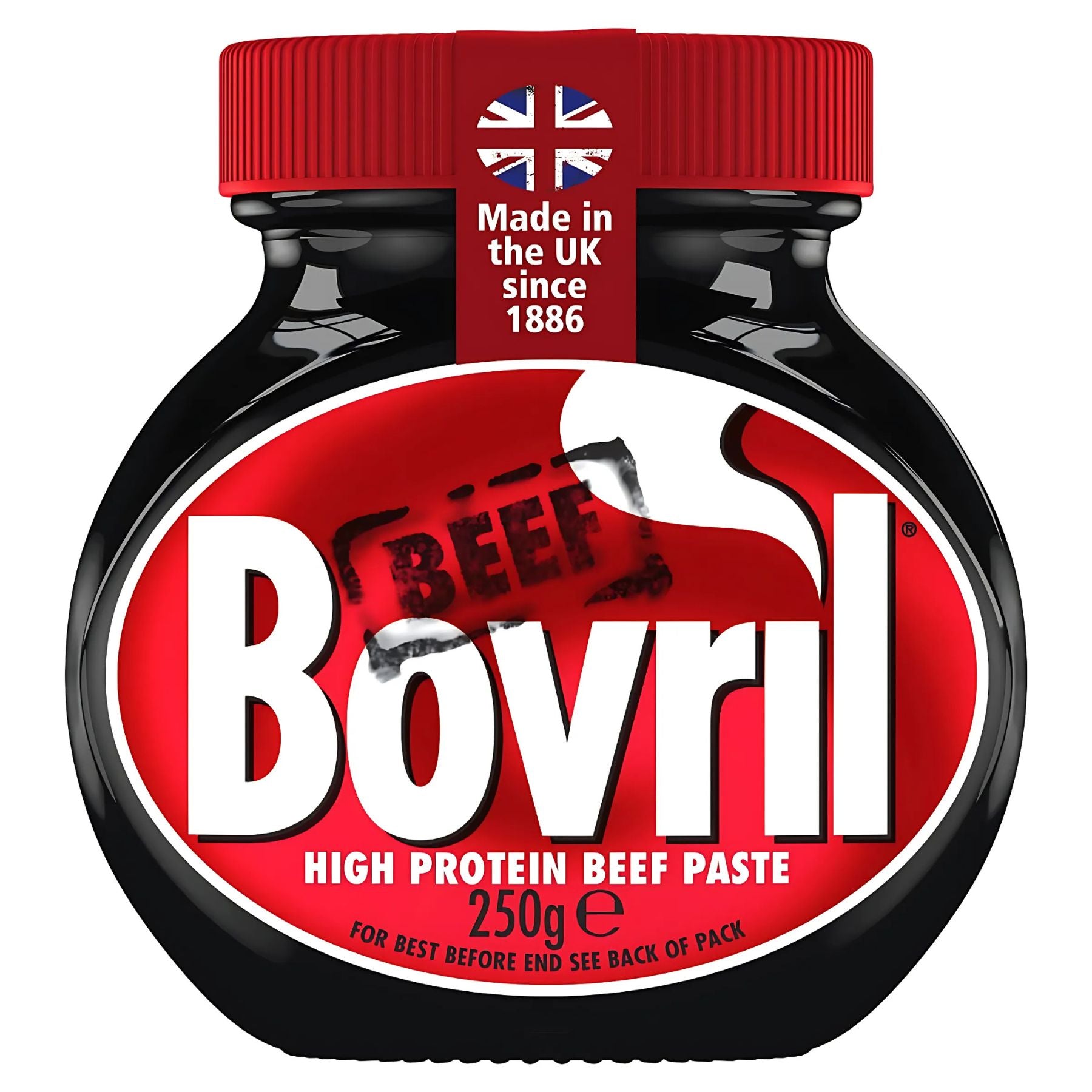 A 250g jar of Bovril - Beef & Yeast Extract with a red lid, labeled "Made in the UK since 1886" and "Beef." This high-protein spread is perfect for adding rich flavor to your meals.