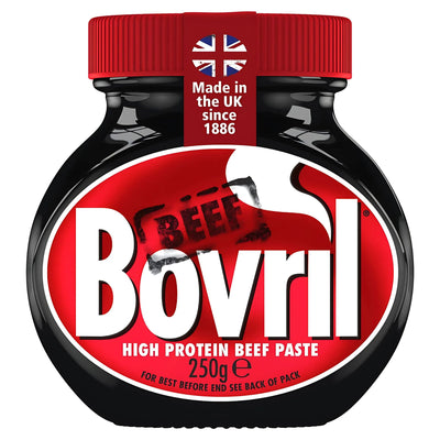 A 250g jar of Bovril - Beef & Yeast Extract with a red lid, labeled "Made in the UK since 1886" and "Beef." This high-protein spread is perfect for adding rich flavor to your meals.