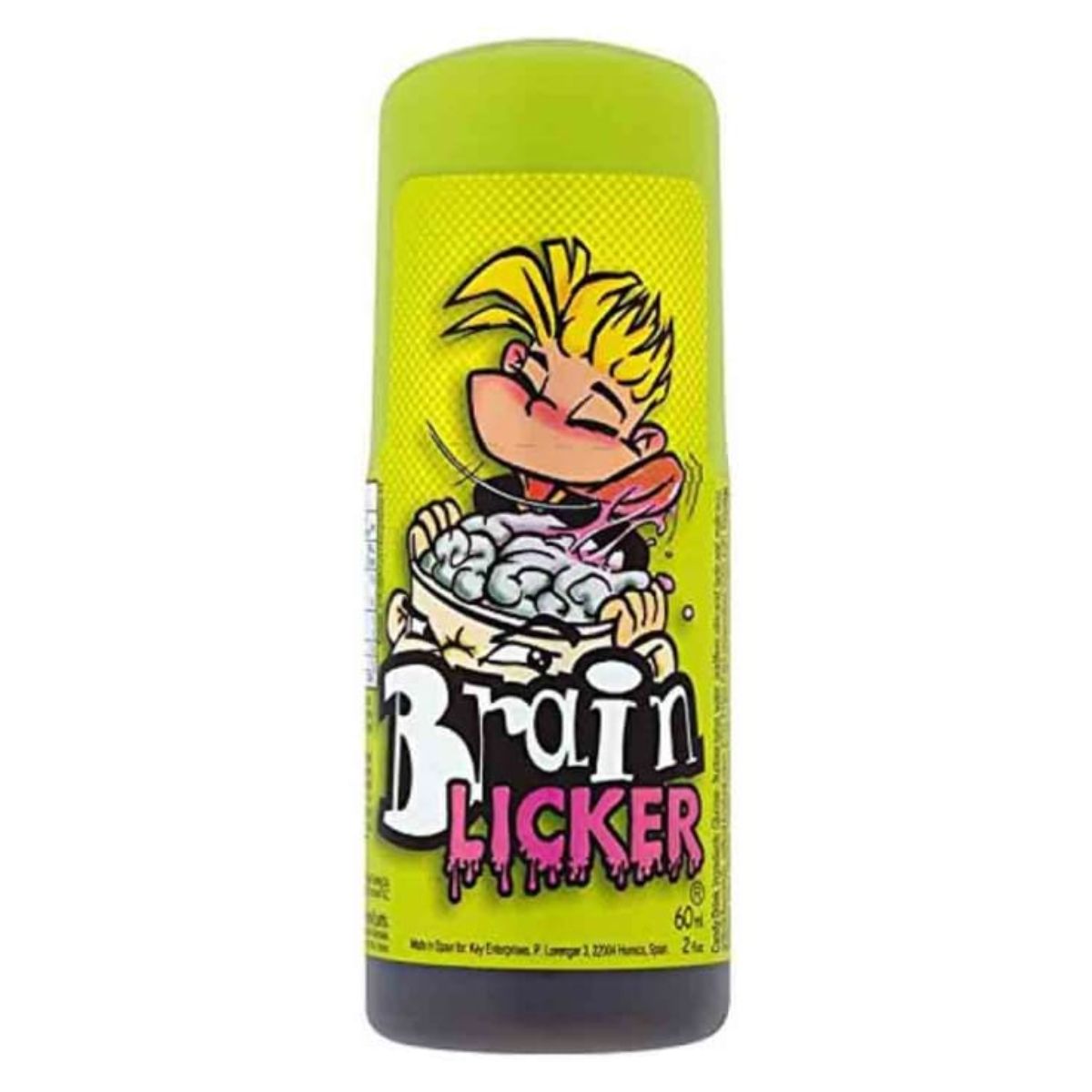 A bottle of Brain Licker - Raspberry Candy Drink - 60ml with a cartoon character on it.