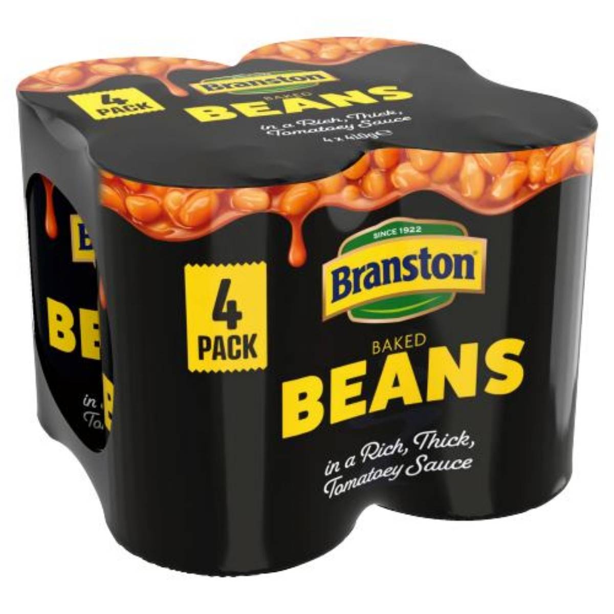 A pack of four Branston Baked Beans in Rich Thick Tomato Sauce, each can weighing 410g, with black packaging showcasing the logo and product details.