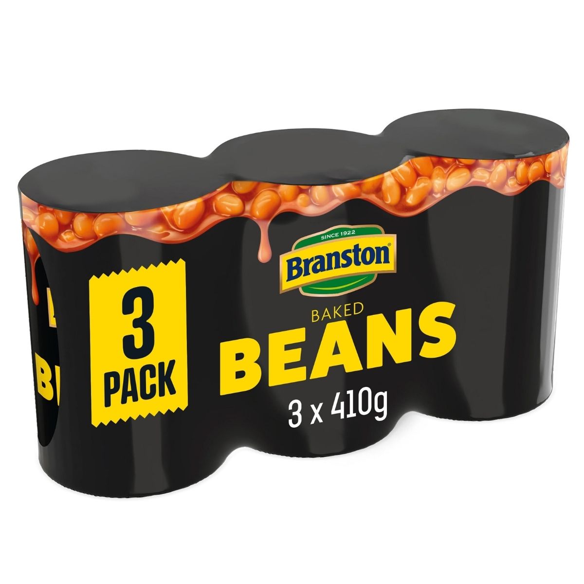 A three-pack of Branston Baked Beans in Tomato Sauce, with each can weighing 410g, featuring black packaging with yellow text.