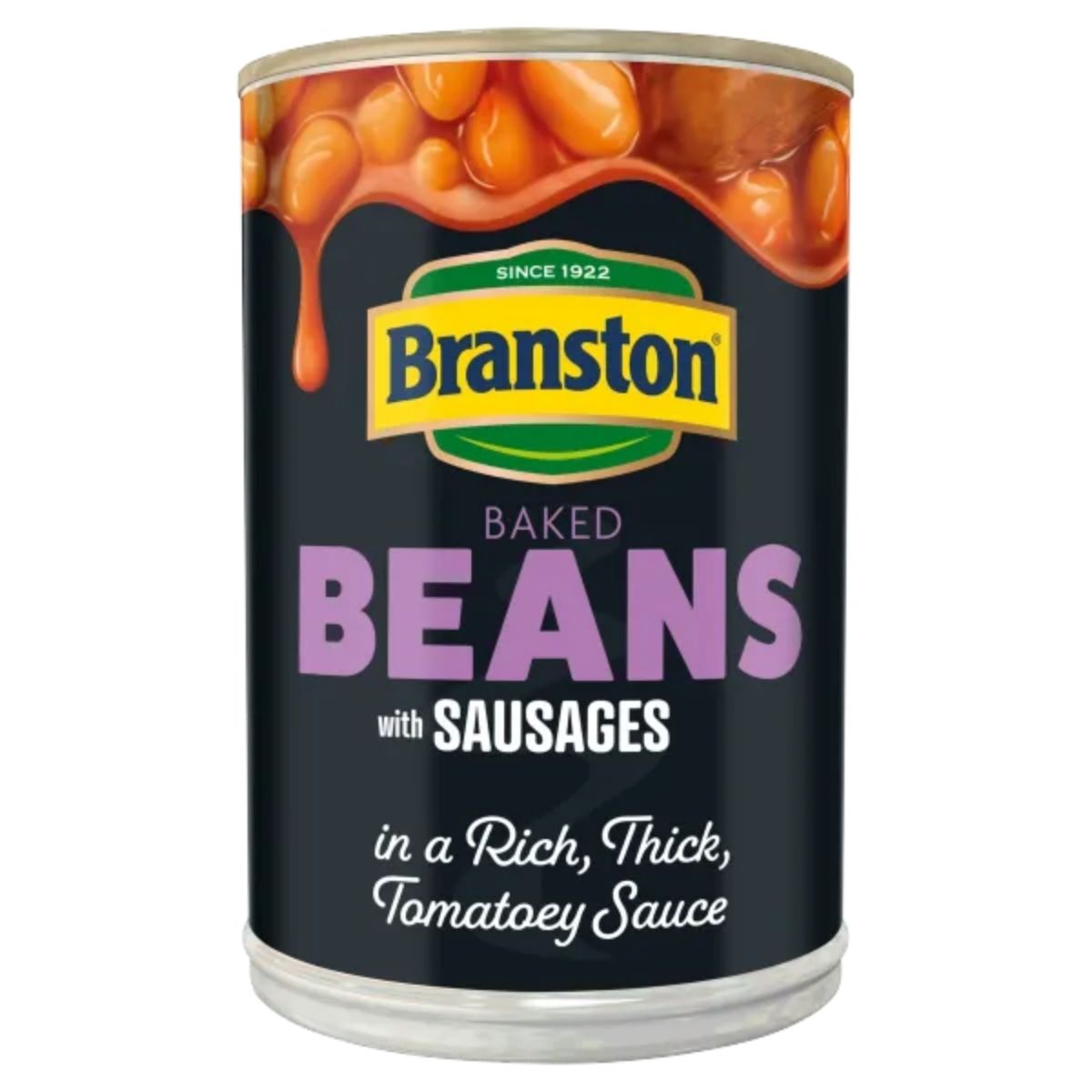 A 405g can of Branston Baked Beans with Sausages in a rich and tasty tomato sauce. The label features black, purple, and yellow text.