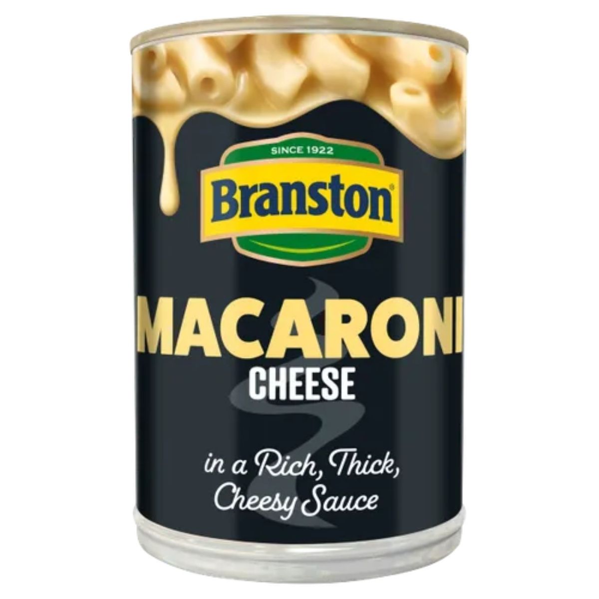 A 395g can of Branston Macaroni Cheese, featuring a rich, thick, cheesy sauce and macaroni visuals on the label.