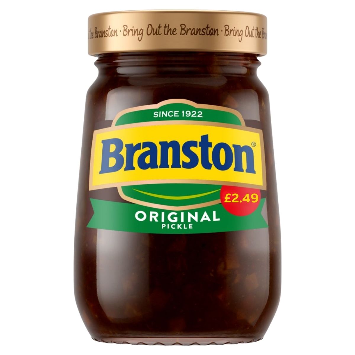Jar of Branston Pickle with a gold lid on a white background