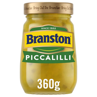 Jar of Branston Piccalilli with gold lid on a white background