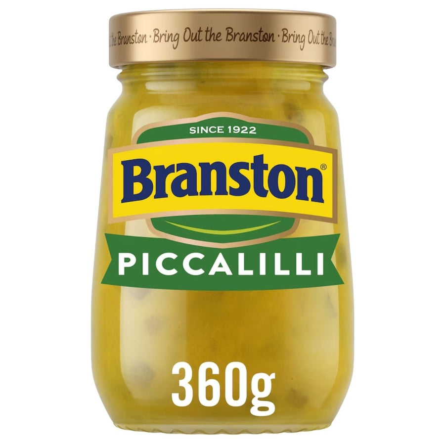 Jar of Branston Piccalilli with gold lid on a white background