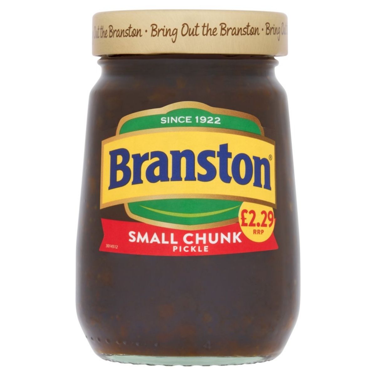 Branston - Small Chunk Pickle - 360g comes with a beige lid and a green and yellow label, priced at £2.29. Made with a delightful mix of vegetables, this pickle is suitable for vegans.