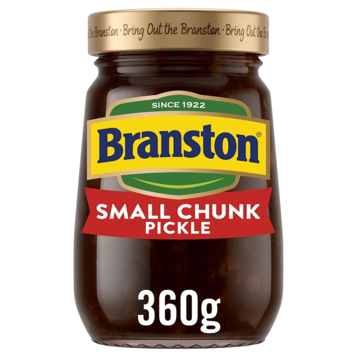 Jar of Branston Small Chunk Pickle with visible branding and product details.