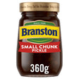 Jar of Branston Small Chunk Pickle with visible branding and product details.