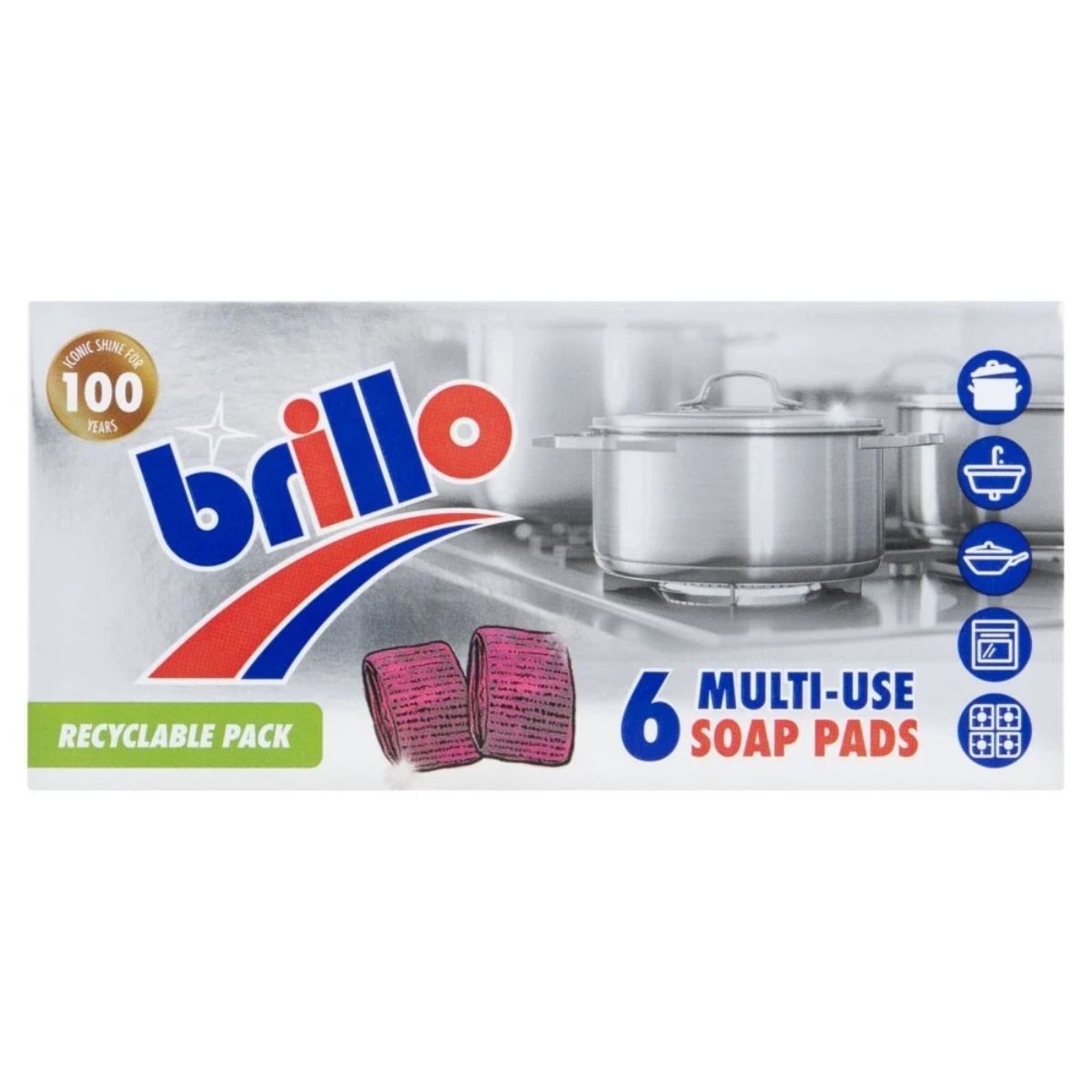 Brillo Multi Use Soap Pads 6Pcs box displays metal pots, cookware cleaning icons, a recyclable pack symbol, and celebrates Brillo's 100-year legacy.