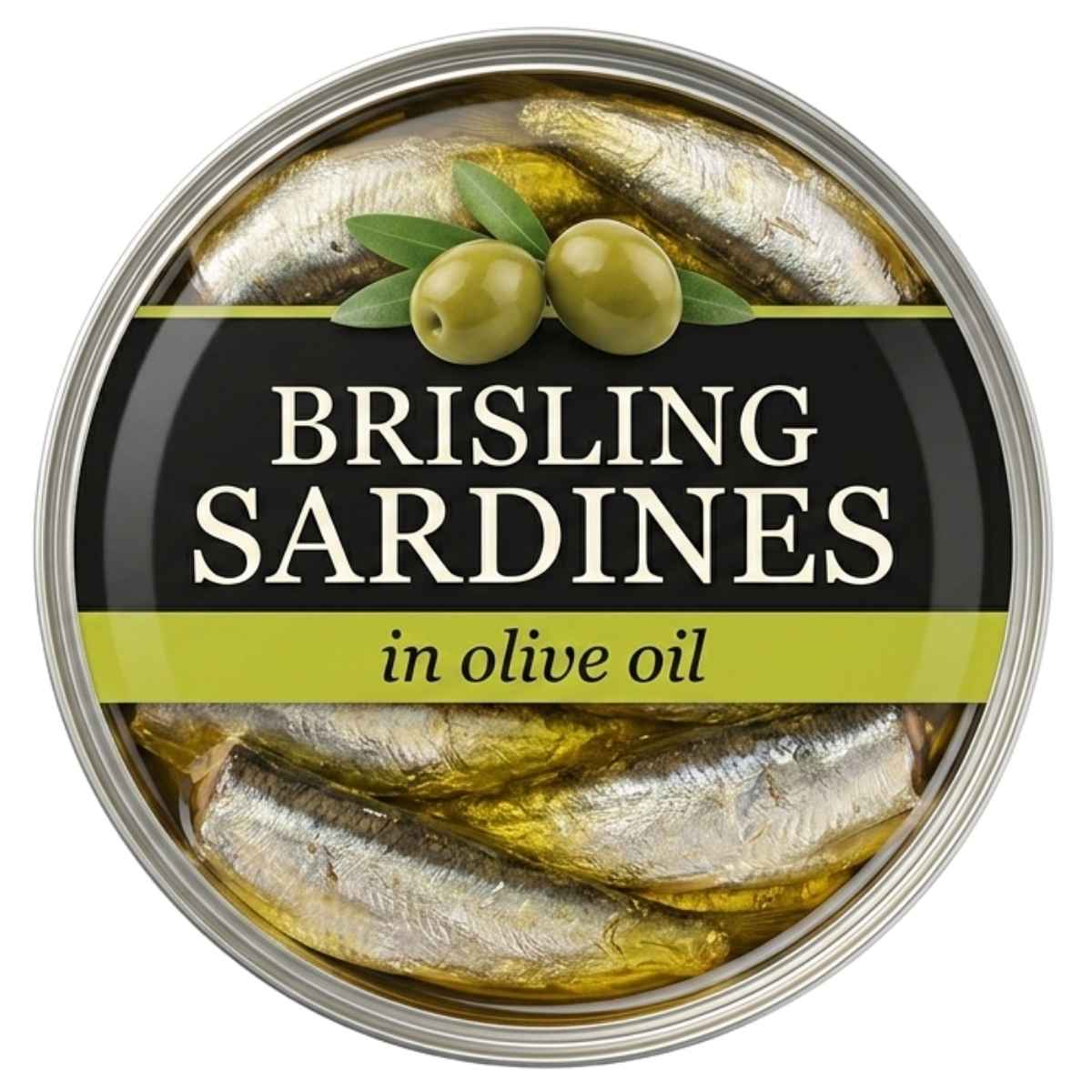 Round tin of Brisling - Sardines in Olive Oil - 160g by Brisling, featuring a label with two green olives and the product name on a black and yellow background.