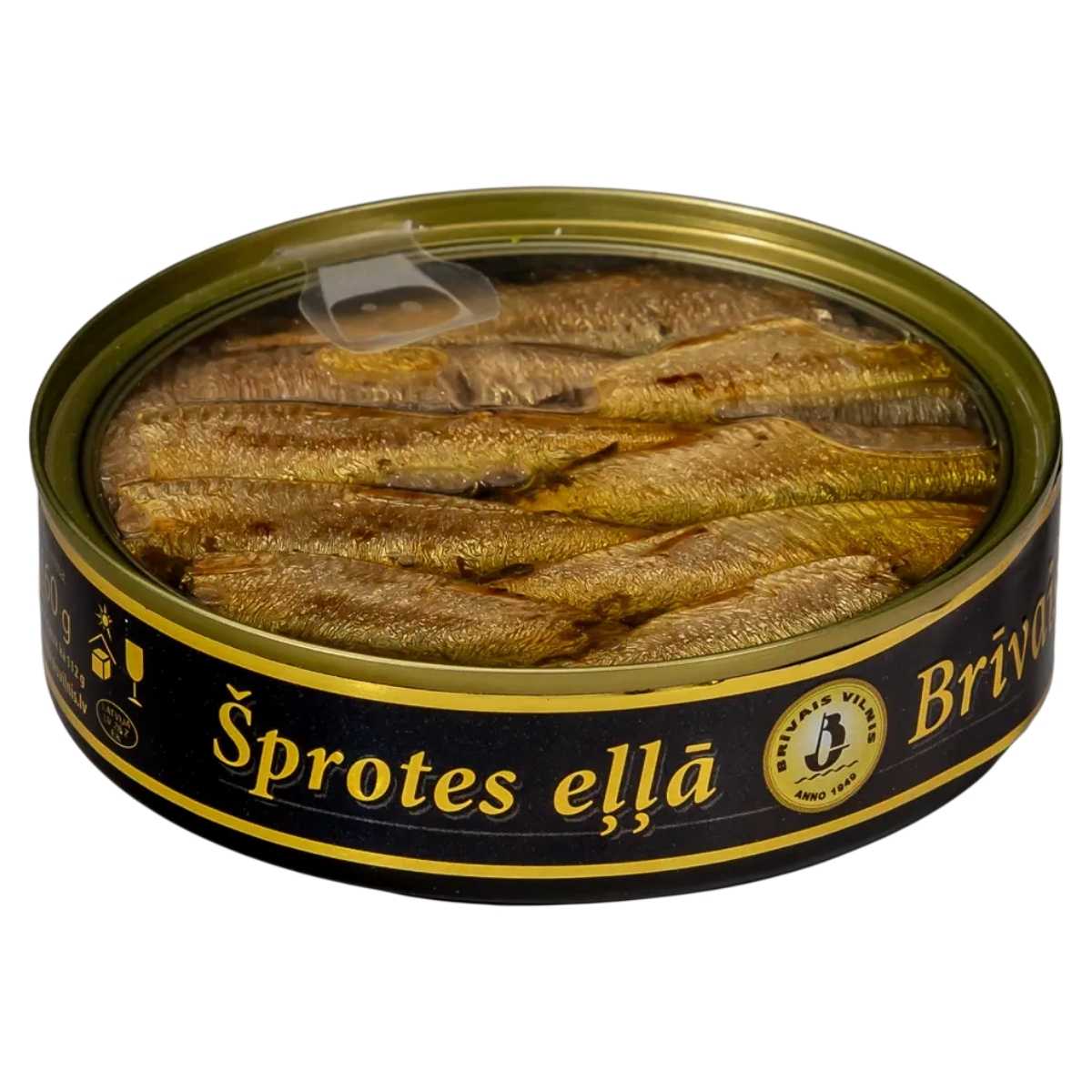 A 160g metal tin of Brivais - Riga Sprats in Oil, featuring a black and gold label with text.