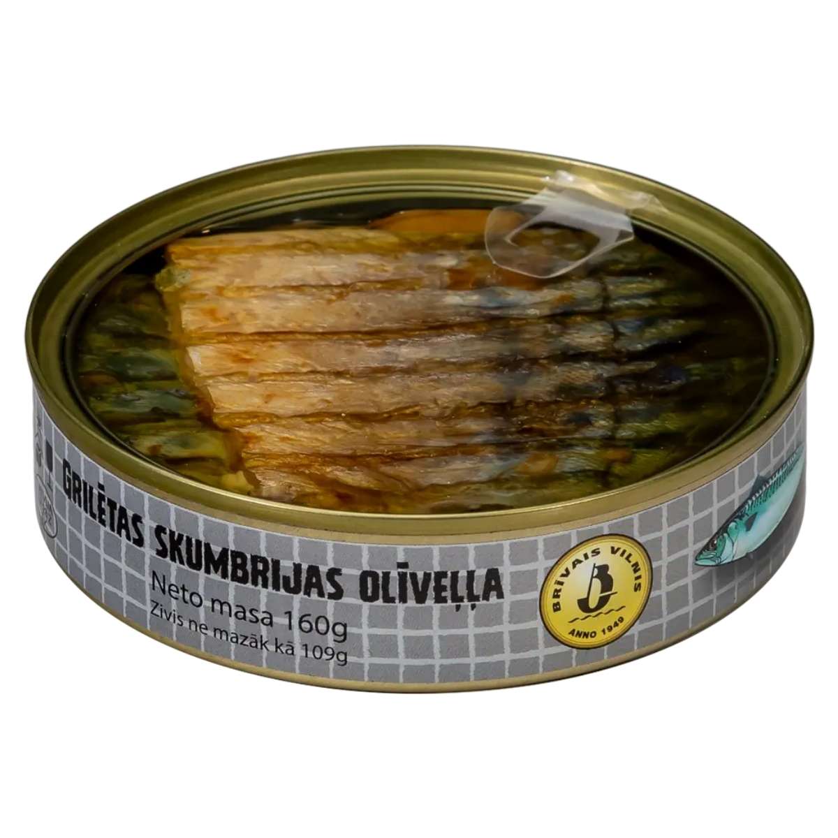 Brivais Vilnis Grilled Mackerel in Olive Oil (160g) comes in a round easy-open tin with Latvian labeling—brined fillets offering a tasty seafood option.