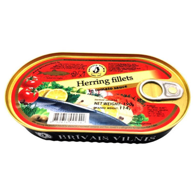 Brivais Vilnis - Herring Fillets in Tomato Sauce - 190g, presented in an oval can with a pull-tab lid, adorned with a vibrant label showcasing images of tomatoes, lemon, and herbs.