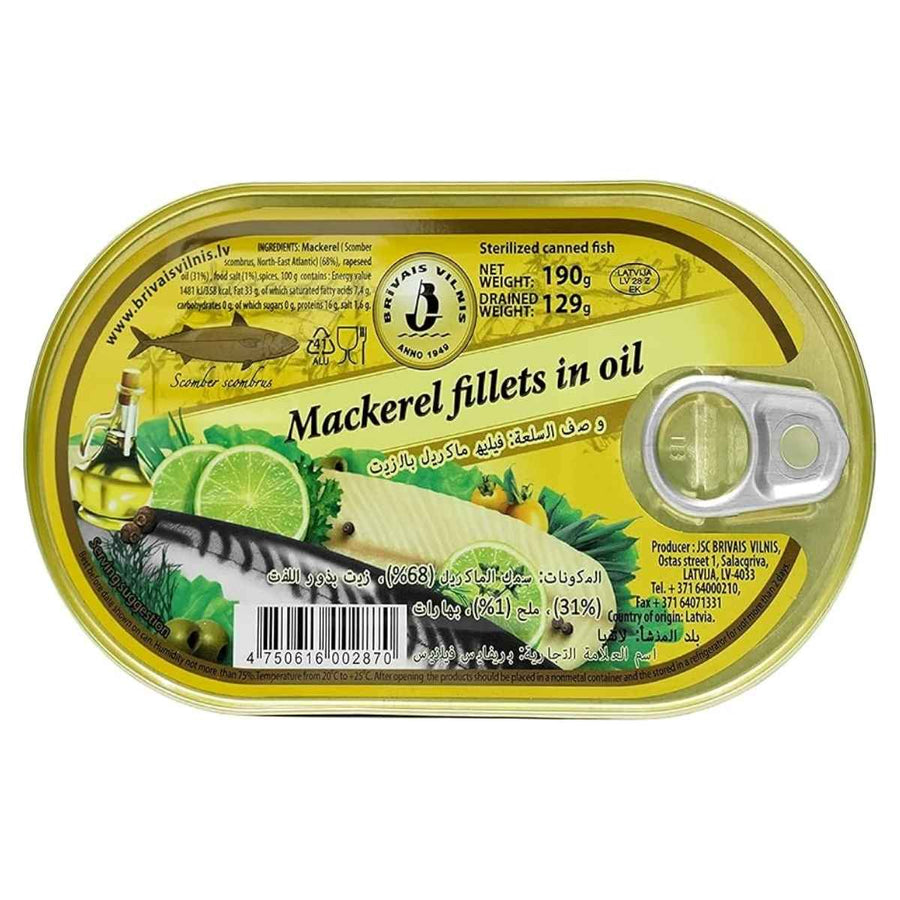 A tin of Brivais Vilnis Mackerel Fillets in Oil (190g), adorned with a yellow label showcasing images of mackerel, lemon, and herbs, and equipped with a pull-tab lid.
