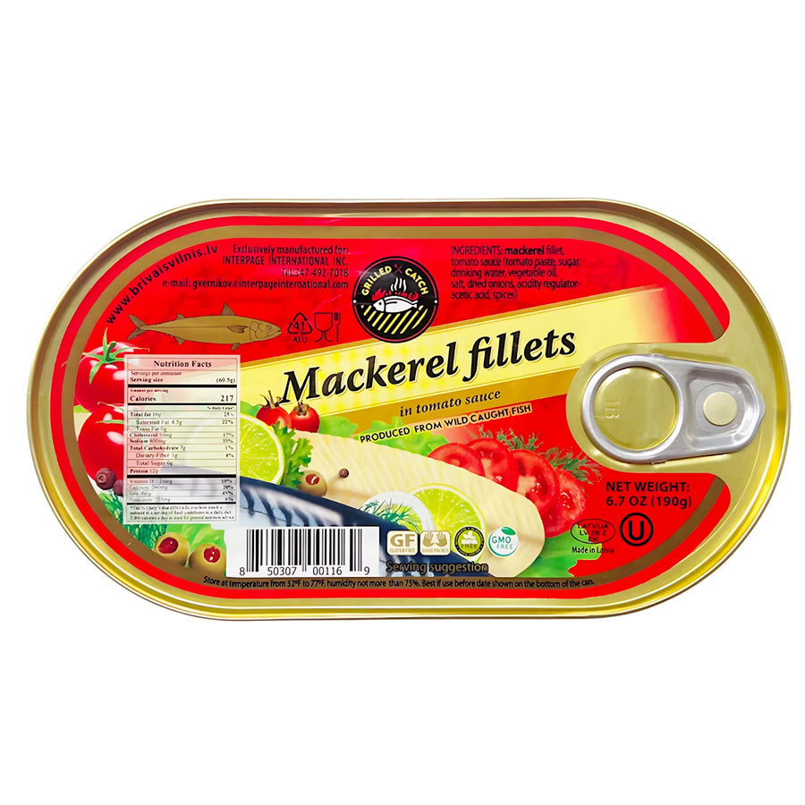 Brivais Vilnis - Mackerel Fillets in Tomato Sauce, 190g: Wild caught, rich in omega-3s; comes in an oval pull-tab can with red and gold packaging. Nutrition facts and product info on the label.