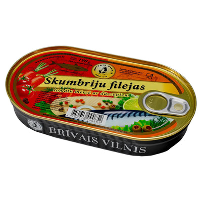 A 190g can of Brivais Vilnis Mackerel Fillets in Tomato Sauce with Vegetables, featuring images of fish, tomato, carrot, and herbs on the label.