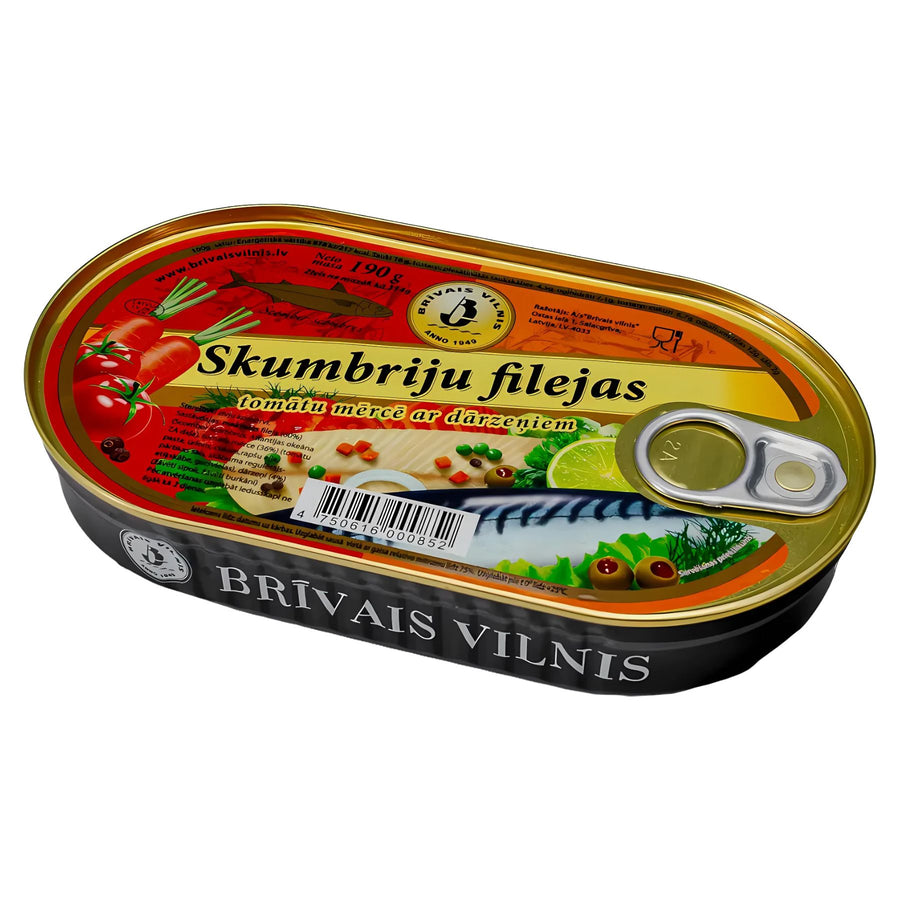 A 190g can of Brivais Vilnis Mackerel Fillets in Tomato Sauce with Vegetables, featuring images of fish, tomato, carrot, and herbs on the label.