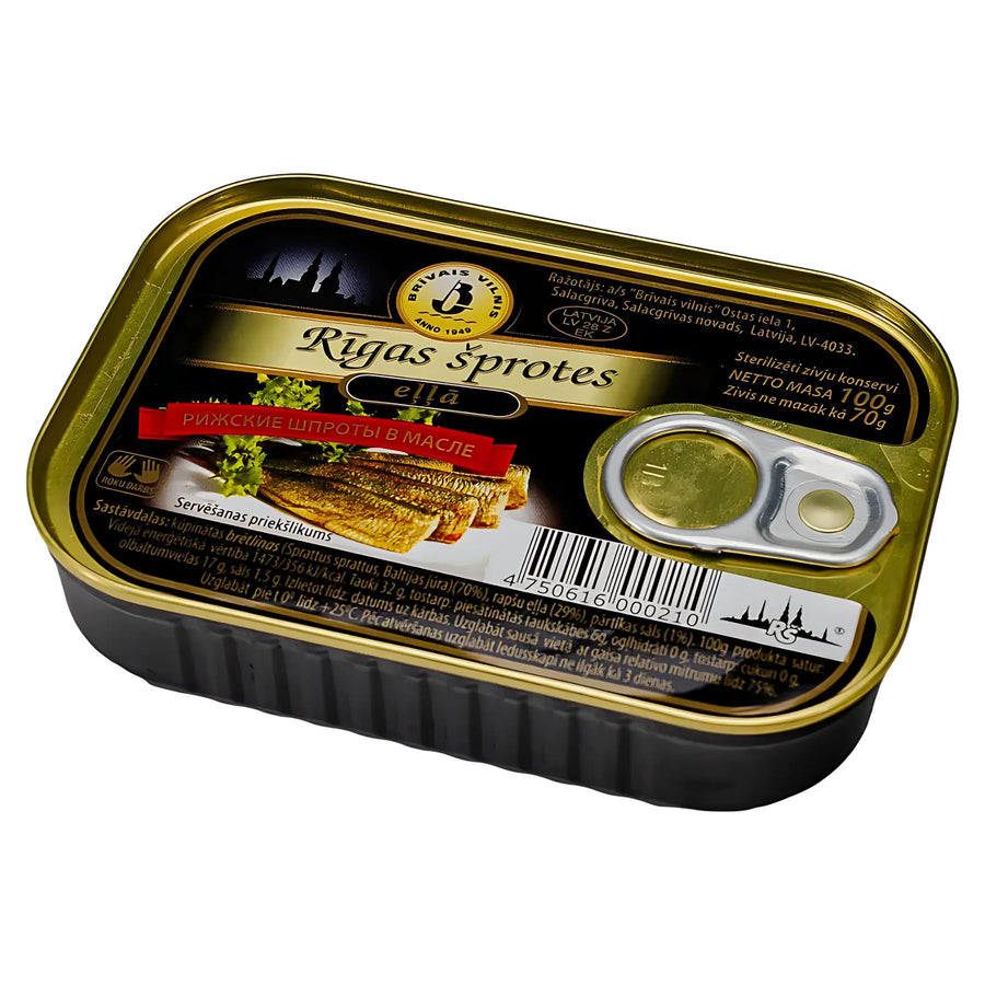 Brivais Vilnis Smoked Riga Sprats In Oil (190g) come in a pull-tab tin labeled in Latvian and Russian, offering authentic Baltic flavor from the Brivais Vilnis brand.