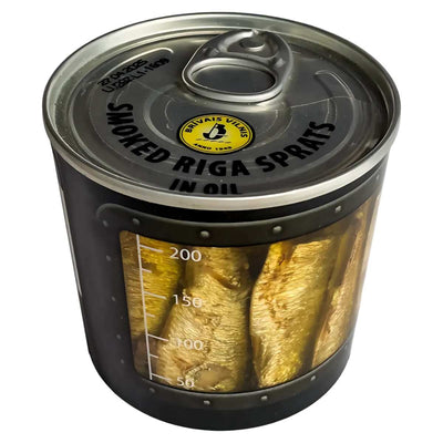 A sealed 240g tin labeled "Brivais Vilnis - Smoked Riga Sprats in Oil," with a clear window displaying small smoked fish—a classic favorite in Latvian cuisine.