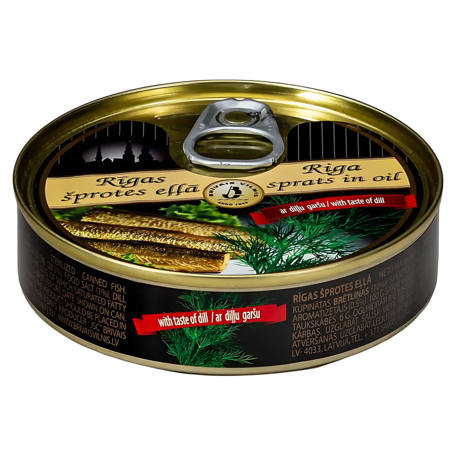Brivais Vilnis - Riga Sprats in Oil with Taste of Dill (112g) comes in a pull-tab can with smoked sprats and dill on the label, plus multilingual text, offering the unique Baltic flavor of sprats with dill.