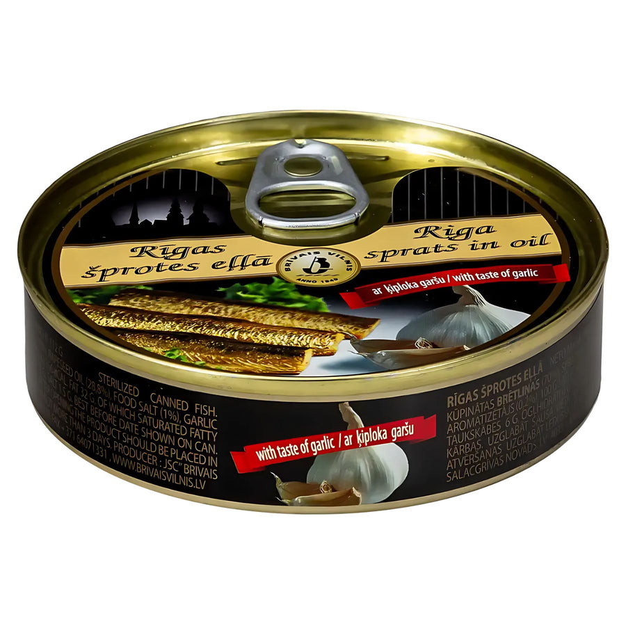 Brivais Vilnis - Riga Sprats in Oil with Taste of Garlic (112g) features sprats and garlic on the label and a pull-tab lid—a tasty pick for garlic seafood fans.