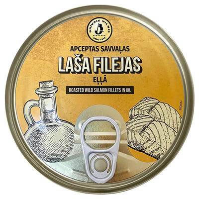 Brivais Vilnis Roasted Wild Salmon Fillets in Oil (112g), rich in omega-3s, features Latvian and English labeling and lid illustrations of a glass oil bottle and salmon fillets.