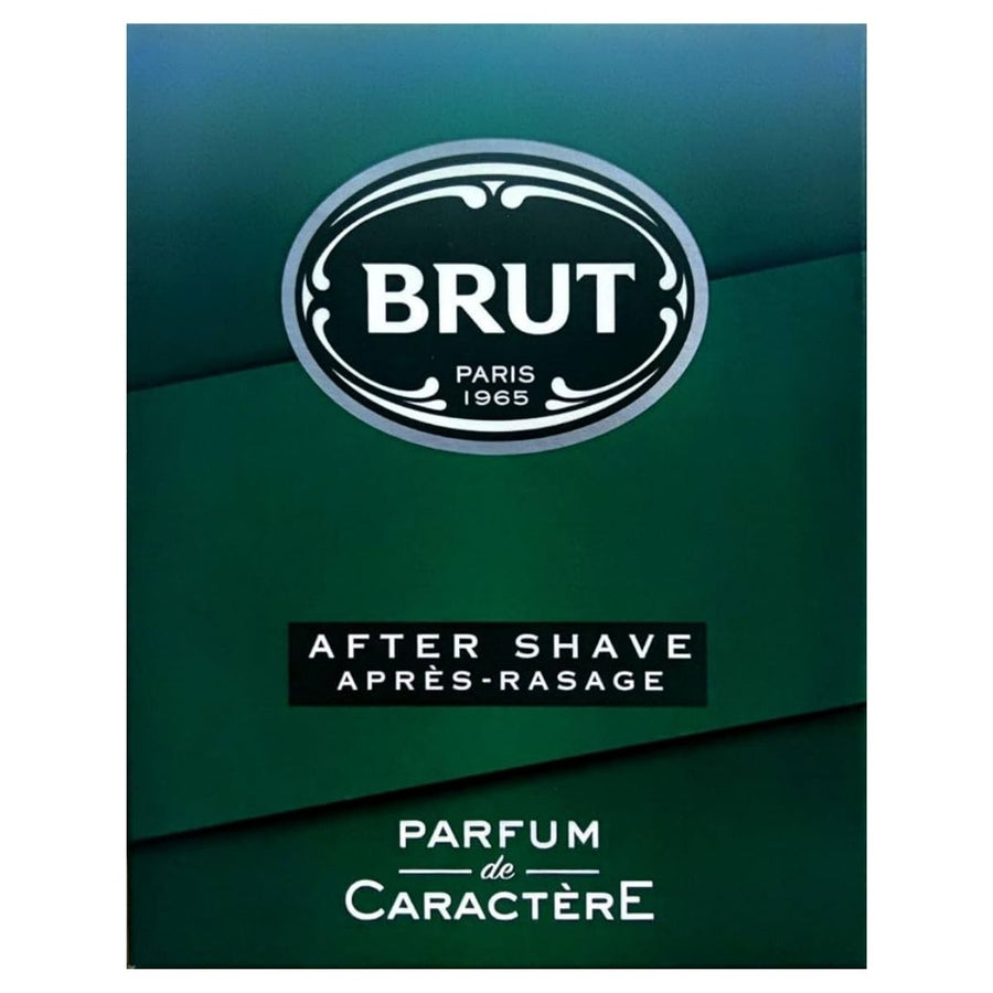 Brut After Shave Parfum (100ml) by Brut features classic English and French descriptions on dark green packaging, highlighting its iconic masculine fragrance.