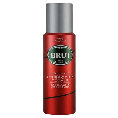 A 200ml can of Brut - Attraction Totale Deodorant Spray is pictured, displaying the Brut logo, product details, and 24-hour odour control on the front.