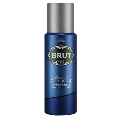 Brut Oceans Deodorant Spray (200ml) delivers long-lasting freshness for men in a blue can with white and silver text and a silver cap.