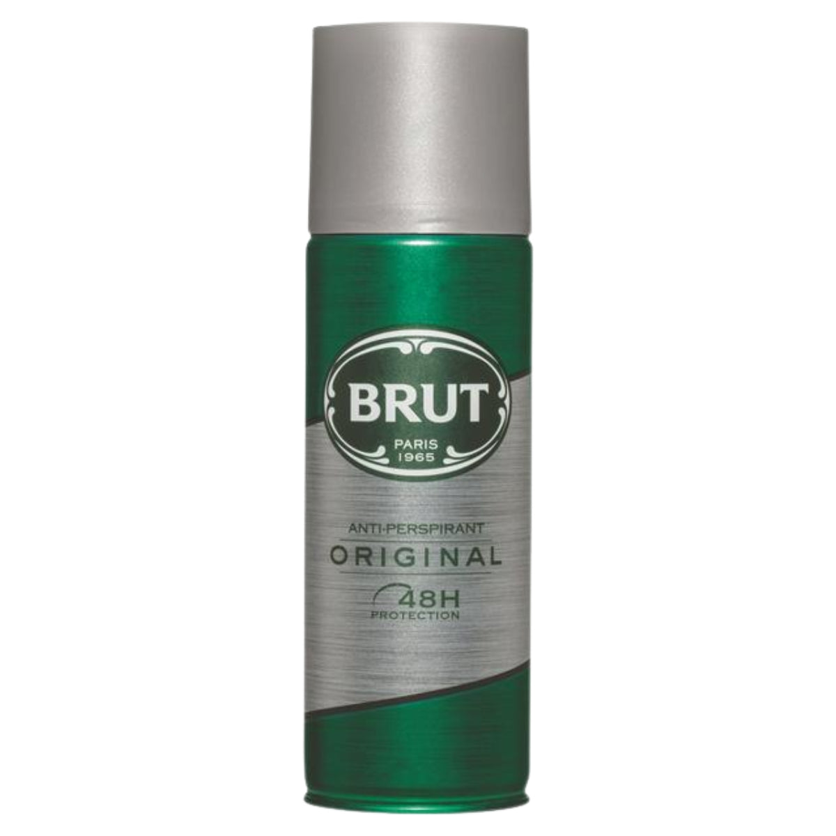 A can of Brut Paris 1965 Anti-Perspirant Original 48H Protection spray, featuring a metallic green body and a silver cap, set against a plain white background.