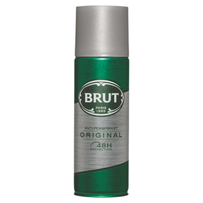 A can of Brut Paris 1965 Anti-Perspirant Original 48H Protection spray, featuring a metallic green body and a silver cap, set against a plain white background.