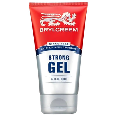 Brylcreem Strong Hair Gel (150ml) offers 24-hour hold for men’s styling, with a red and silver design and the Brylcreem lion logo on the pack.