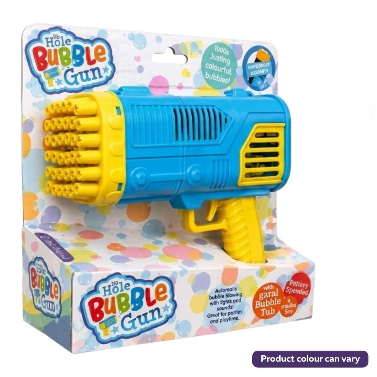 The Continental Food Store Bubble Gun 36 Hole with Bubble Tub (1Pcs) comes in packaging, features multiple bubble holes, and notes that the product color may vary.