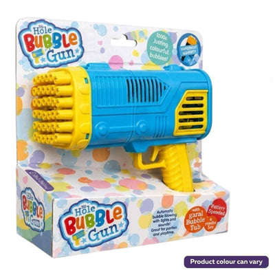 The Continental Food Store Bubble Gun 36 Hole with Bubble Tub (1Pcs) comes in packaging, features multiple bubble holes, and notes that the product color may vary.