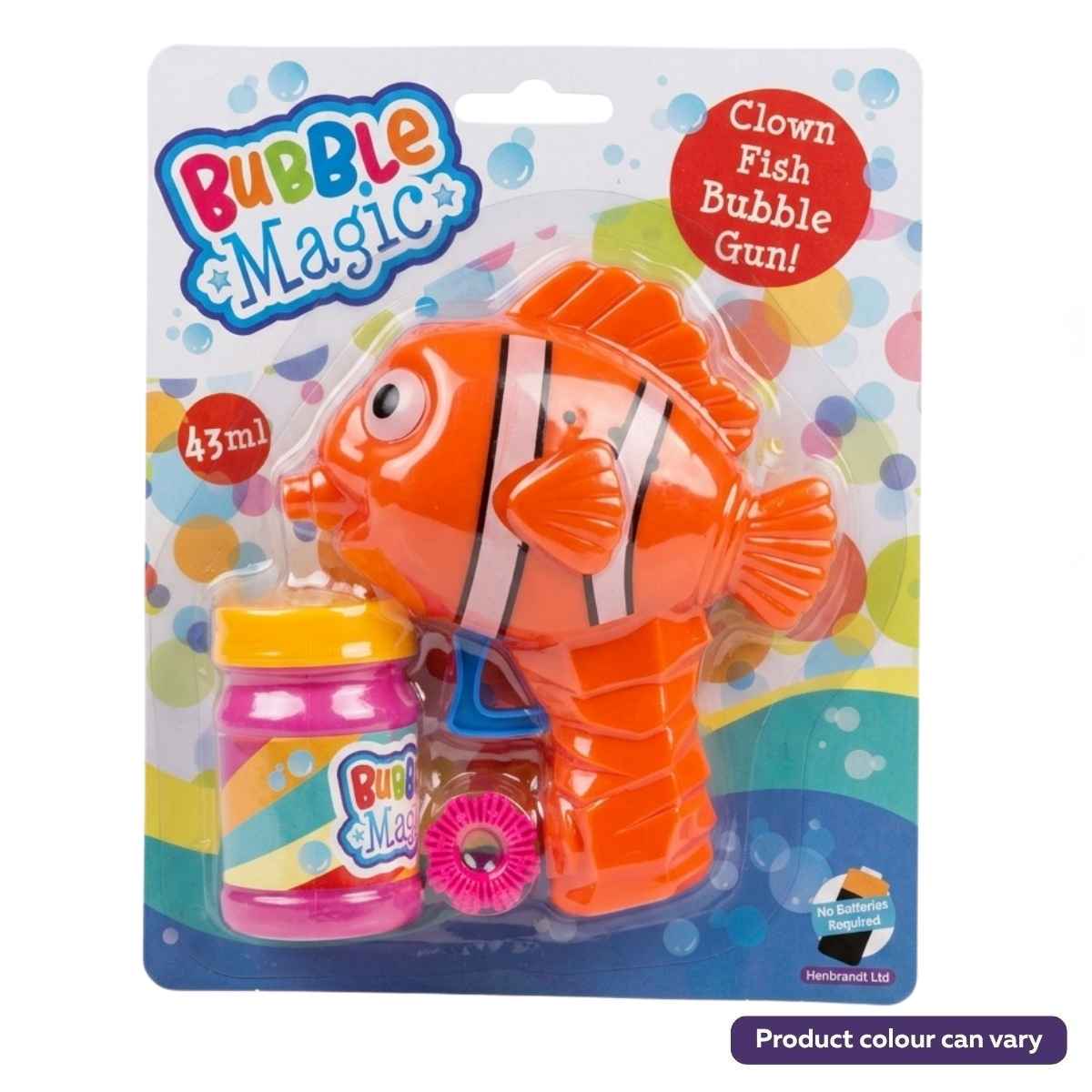 The Bubble Magic - Clown Fish Bubble Gun features an orange clown fish-shaped bubble gun and a 43ml bottle of bubble solution, all from the Bubble Magic brand.