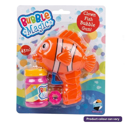 The Bubble Magic - Clown Fish Bubble Gun features an orange clown fish-shaped bubble gun and a 43ml bottle of bubble solution, all from the Bubble Magic brand.