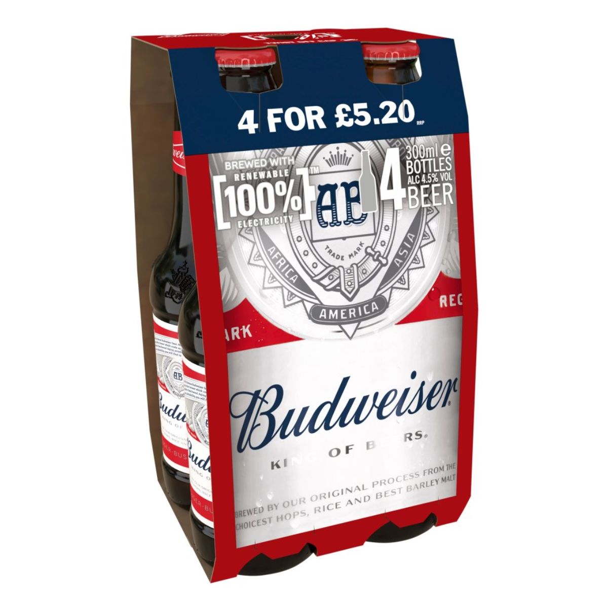 Four bottles of Budweiser - Beer (4.5% ABV) - 4 x 300ml in a box.