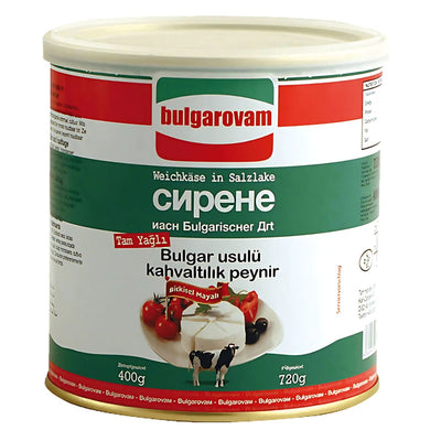 A 400g round tin of Bulgarovam Cheese, a creamy Bulgarian-style cheese in brine made from pasteurized cow’s milk, features multilingual labeling and an image of cheese with vegetables on the front.