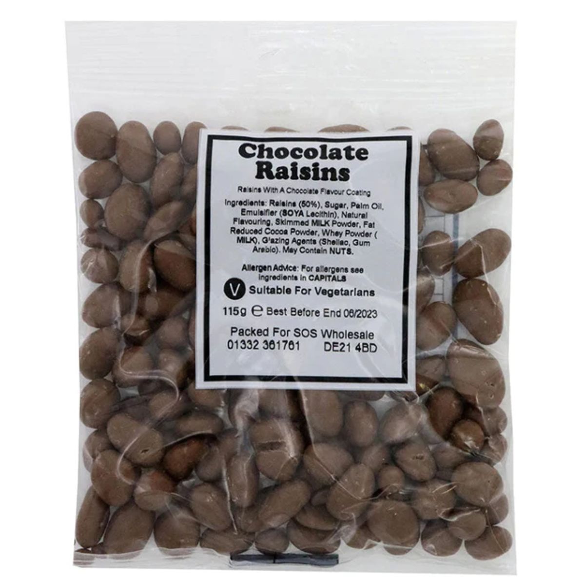 A clear plastic bag filled with Bumper Bag - Chocolate Raisins - 115g. The front label lists ingredients, allergen information, a "suitable for vegetarians" note, a best before date, and the packaging company details.