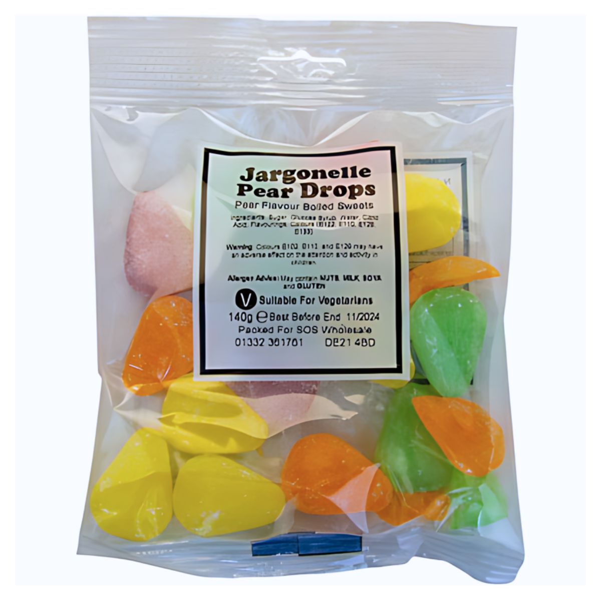 A clear plastic bag labeled "Bumper Bag - Jargonelle Pear Drops - 140g" containing yellow, green, and pink pear-flavored boiled sweets. The bag weighs 140g and is suitable for vegetarians.